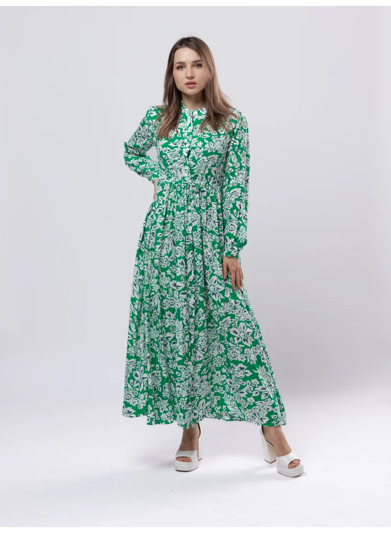 فاشونارا فستان طويل كامل بأكمام طويلة من القطن باللونين الأخضر والأبيض