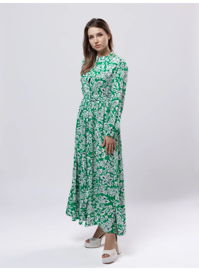 Fashonara  Cotton Green & White Long Sleeved Full Length Dress for Women | Best Price UAE