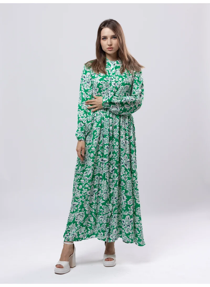 Fashonara  Cotton Green & White Long Sleeved Full Length Dress for Women | Best Price UAE