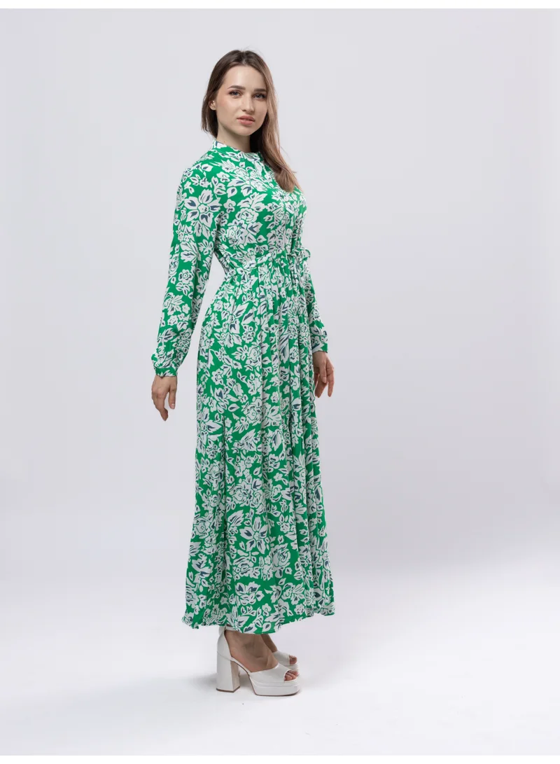 Fashonara  Cotton Green & White Long Sleeved Full Length Dress for Women | Best Price UAE