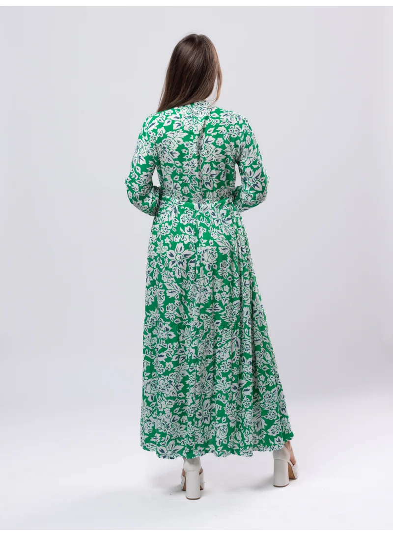 فاشونارا فستان طويل كامل بأكمام طويلة من القطن باللونين الأخضر والأبيض