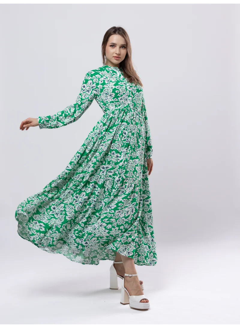 Fashonara  Cotton Green & White Long Sleeved Full Length Dress for Women | Best Price UAE