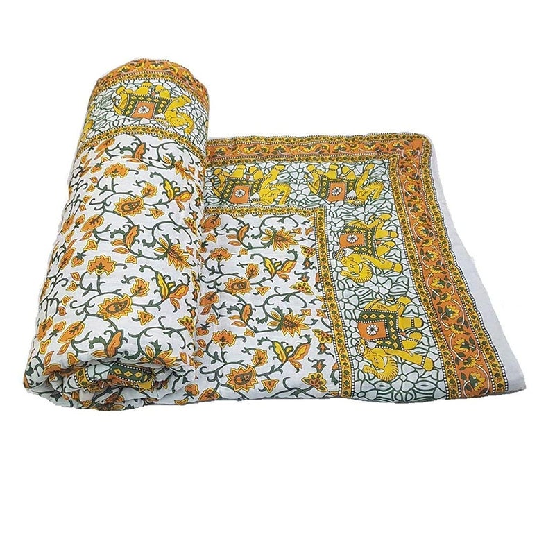 Lilfly Rajasthani Light Weight Reversible Both Side use Single Bed Soft Jaipuri AC Quilt/Razai Designer Sky Pink Floral with elephent Boarder Cotton Quilts (Size 55X85 inch) - Image 2
