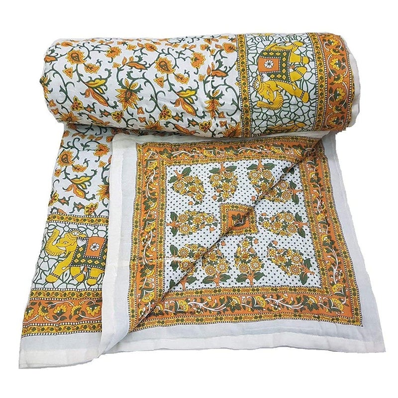 Lilfly Rajasthani Light Weight Reversible Both Side use Single Bed Soft Jaipuri AC Quilt/Razai Designer Sky Pink Floral with elephent Boarder Cotton Quilts (Size 55X85 inch) - Image 1