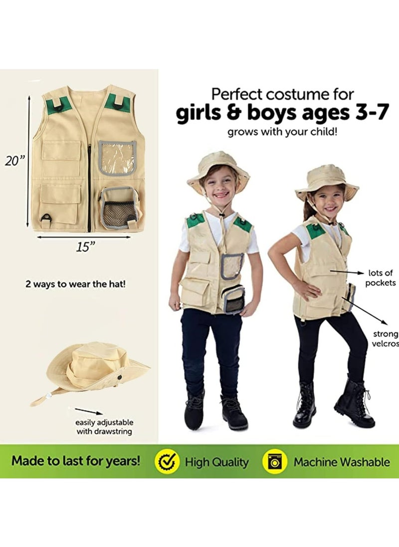 Dominy - Explorer Costume dress up Explore Outdoor Adventure Kit For Young Kids, Cargo Vest And Hat Set,For Wilderness Roleplay!Suitable for 100-140cm - Image 1