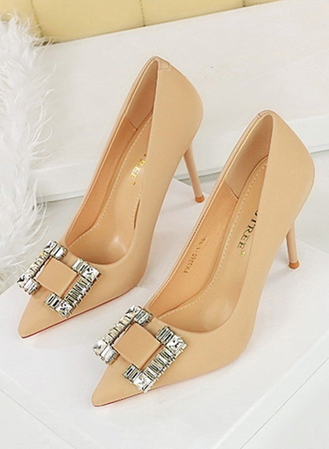 BIGTREE Women's Satin Closed Pointed Toe Stiletto Pump Rhinestone Square Buckle Decoration High Heels Apricot 10CM - Image 1