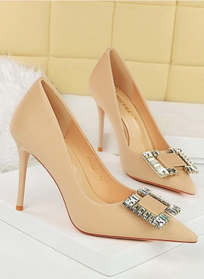 BIGTREE Women's Satin Closed Pointed Toe Stiletto Pump Rhinestone Square Buckle Decoration High Heels Apricot 10CM - Image 2