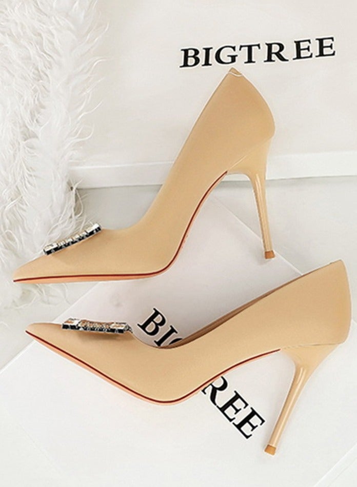 BIGTREE Women's Satin Closed Pointed Toe Stiletto Pump Rhinestone Square Buckle Decoration High Heels Apricot 10CM - Image 3