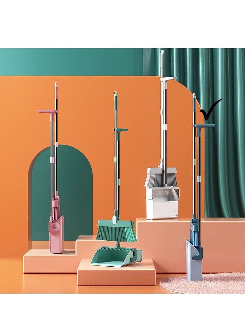 TYCOM - Broom and Dustpan Set Stand Up Broom Cleaning Brush Dust Pan Combo Set For Cleaning  Foldable Dustpan Set Indoor Outdoor Broom Can Rotate 180 Degrees For Household Use Blue. - Image 1
