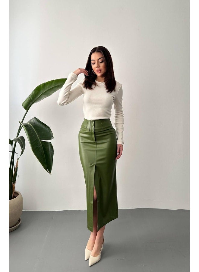 END BLACK Light Khaki Slit Embellished Skirt L in Light Khaki. - Image 2
