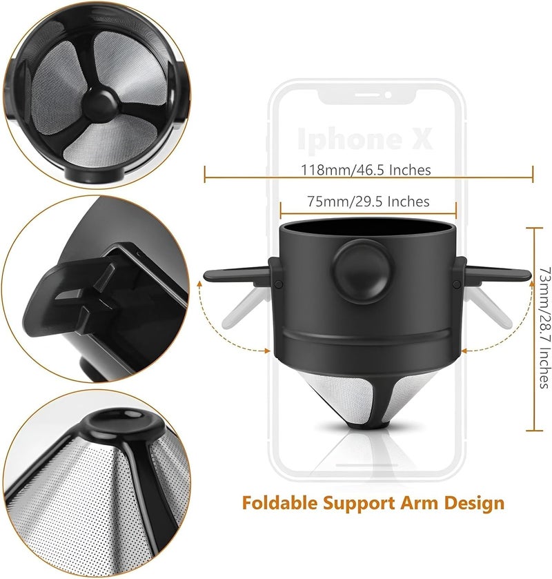Collapsible Coffee Filter - Reusable Stainless Steel Cone Pour Over Filter with Double Mesh Construction, Compact Size Makes it Essential Equipment for Brewing Fresh Coffee During Camping or Traveling - Image 3