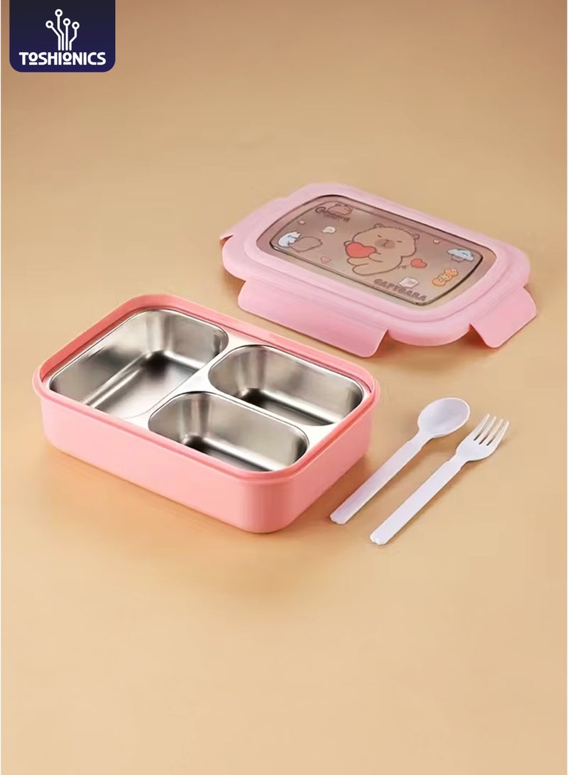 Toshionics Stainless Steel Lunch Box with 3 Compartments, Spoon & Fork, Leakproof, Microwave Safe, Freezer Safe, Removable Tray - BPA-Free– 750ml, 20x14x5 cm – For School, Office, Travel - Image 1