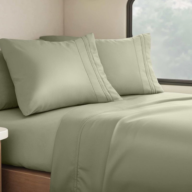 Clara Clark Bed Sheets, Premier 1800 Series 4 Piece RV Queen Sheet Set, Luxury Soft Sheets for RV Bunks, Short Queen - Sage Green - Image 1