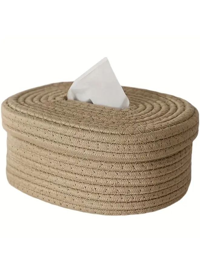 2025 Oval Rope Tissue Box With Lid Khaki Storage For Wet Wipes Masks - Image 1