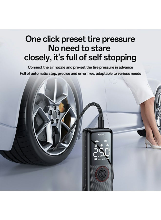 Yesido VC17 Smart Wireless Tire Inflator & Portable Air Compressor - 85W 5200mAh Cordless Pump with LCD Display & Emergency LED Light for Cars, Bikes, and Balls - Black - Image 3