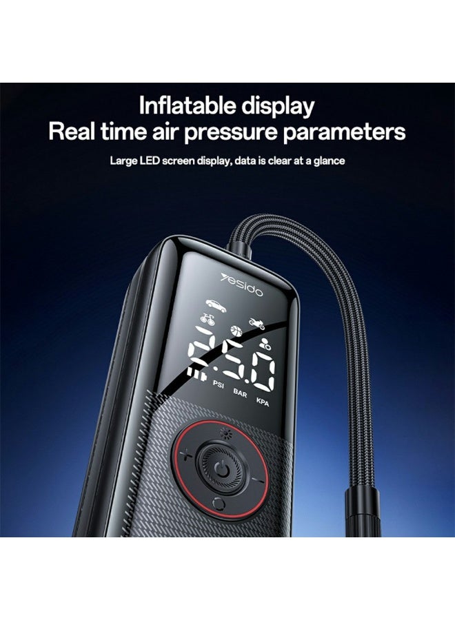 Yesido VC17 Smart Wireless Tire Inflator & Portable Air Compressor - 85W 5200mAh Cordless Pump with LCD Display & Emergency LED Light for Cars, Bikes, and Balls - Black - Image 2