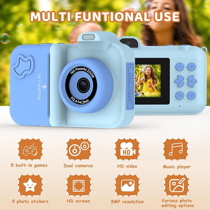 MISIRUN Instant Print Camera for Kids Ages 4-12, Birthday Gift for Girl boy | 1080P dual-lens camera with instant prints, 32GB card, 5 paper rolls, stickers, games and MP3 player for creative play - Image 4