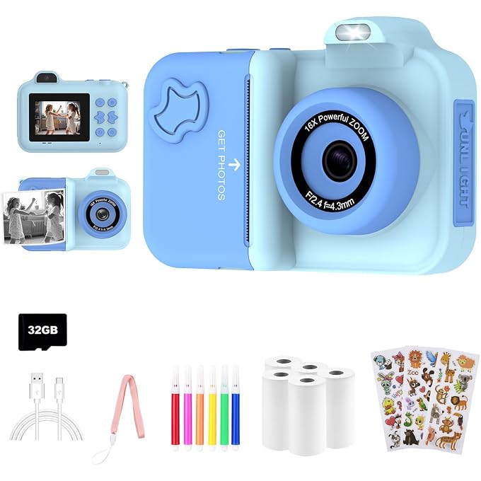 MISIRUN Instant Print Camera for Kids Ages 4-12, Birthday Gift for Girl boy | 1080P dual-lens camera with instant prints, 32GB card, 5 paper rolls, stickers, games and MP3 player for creative play - Image 1