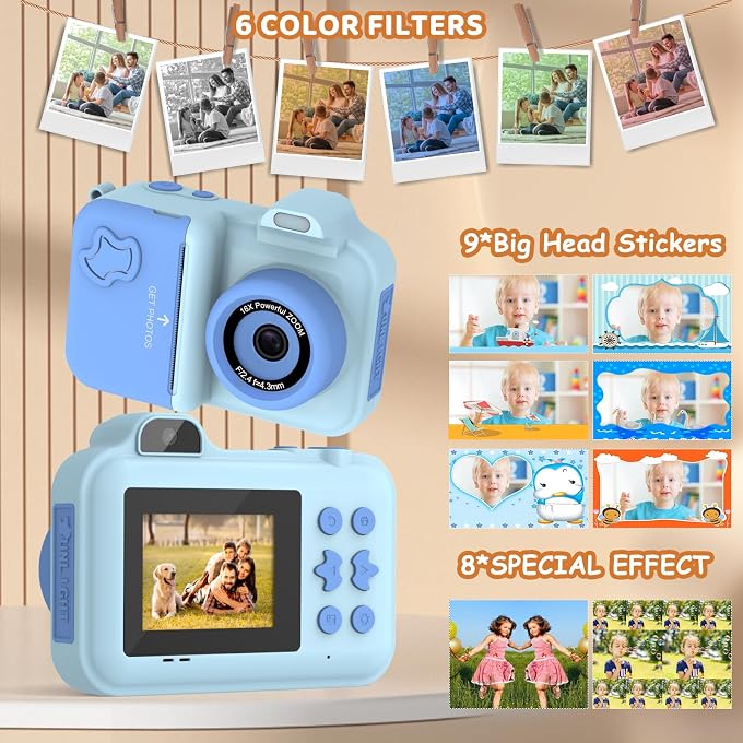 MISIRUN Instant Print Camera for Kids Ages 4-12, Birthday Gift for Girl boy | 1080P dual-lens camera with instant prints, 32GB card, 5 paper rolls, stickers, games and MP3 player for creative play - Image 2