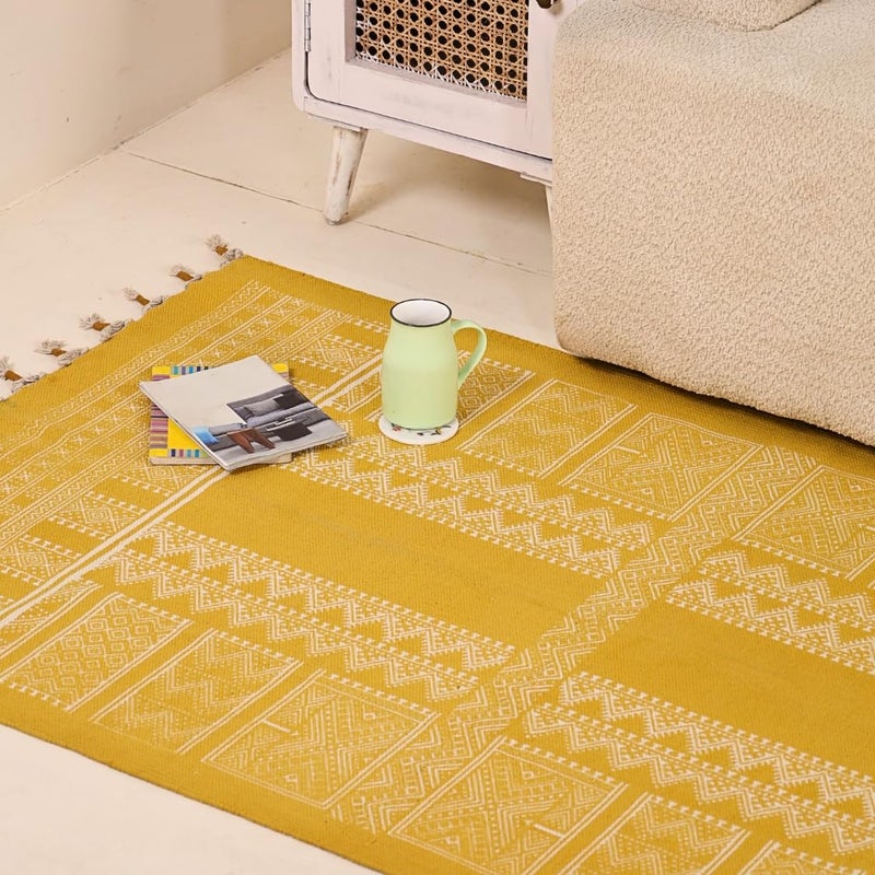Peepul Tree Jaipuri Handprinted Cotton Rugs for Living Room Handmade Sustainable Modern Durries for Living Room Cotton Carpets For Living room Bedroom Floor Rug for BedroomHoney Mustard 4X6 ft - Image 1