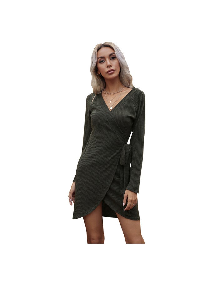 Song Feng Ya Autumn European And American Casual Women's Solid Color Long Sleeve One-piece V-neck Sweater Dress - Image 5