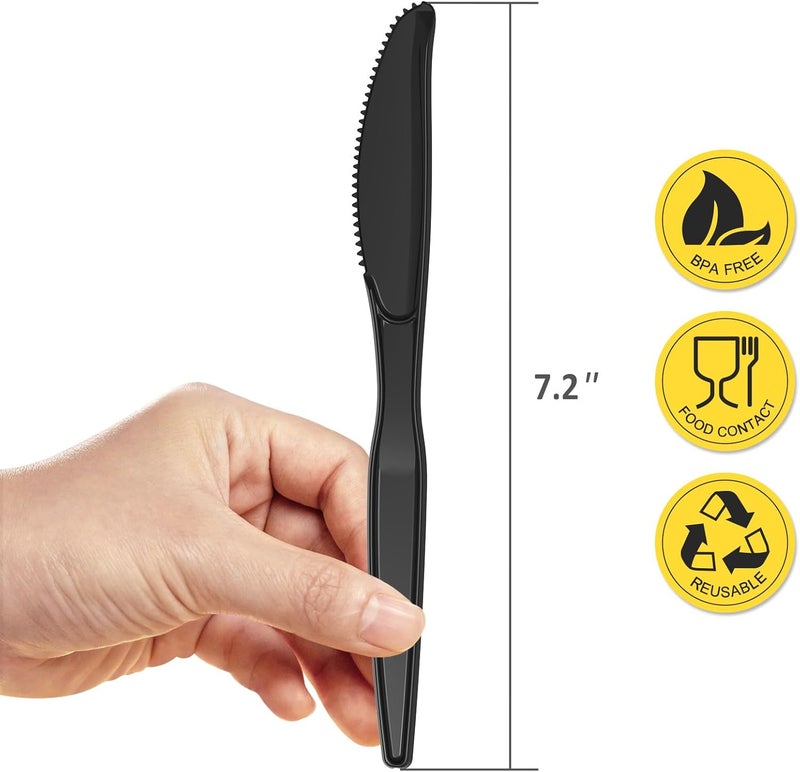 POSATE Black Plastic Knives, Heavy Duty Disposable Plastic Knives, Pack of 100, Party Supply - Image 1