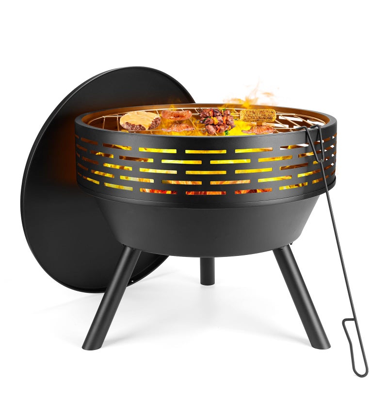 PWSOMJ 23 Inch Cast Iron Round Fire Pit with Grill, 3-in-1 Outdoor Fire Bowl, Fire Pit Table with Metal Lid and Fire Poker, Wood Burning Firepit for BBQ Bonfire Patio Picnic - Image 1