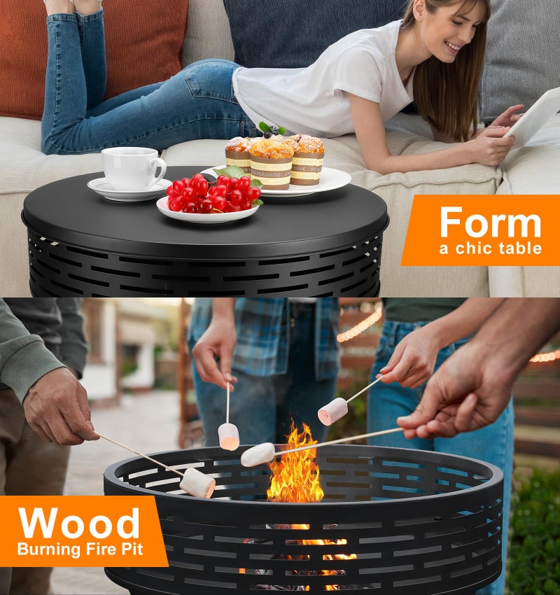 PWSOMJ 23 Inch Cast Iron Round Fire Pit with Grill, 3-in-1 Outdoor Fire Bowl, Fire Pit Table with Metal Lid and Fire Poker, Wood Burning Firepit for BBQ Bonfire Patio Picnic - Image 4