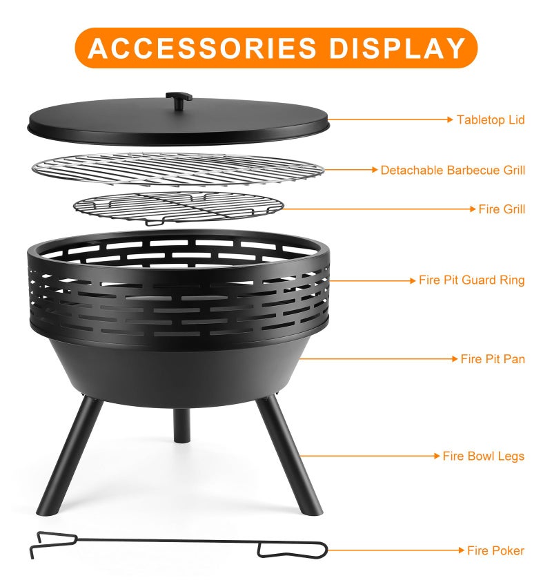 PWSOMJ 23 Inch Cast Iron Round Fire Pit with Grill, 3-in-1 Outdoor Fire Bowl, Fire Pit Table with Metal Lid and Fire Poker, Wood Burning Firepit for BBQ Bonfire Patio Picnic - Image 2