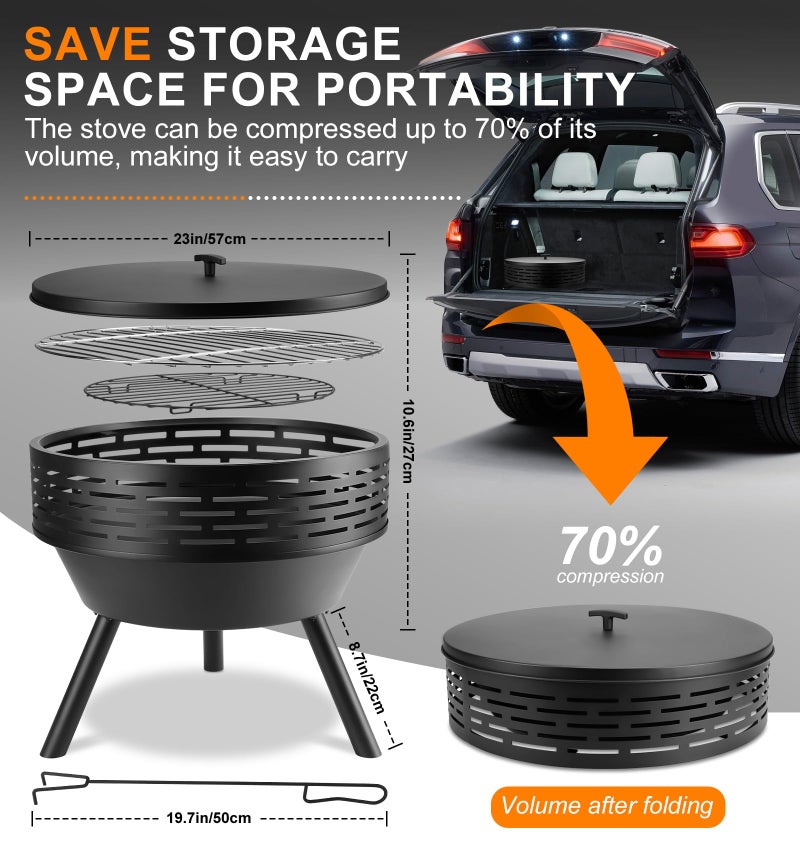 PWSOMJ 23 Inch Cast Iron Round Fire Pit with Grill, 3-in-1 Outdoor Fire Bowl, Fire Pit Table with Metal Lid and Fire Poker, Wood Burning Firepit for BBQ Bonfire Patio Picnic - Image 3