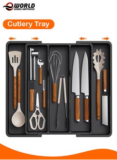 Eworld Large Capacity Expandable Silverware Drawer Organizer, BPA-Free Utensil Tray for Kitchen, Adjustable Flatware and Cutlery Holder for Spoons, Forks and Knives, Sleek Black Design  - Image 1
