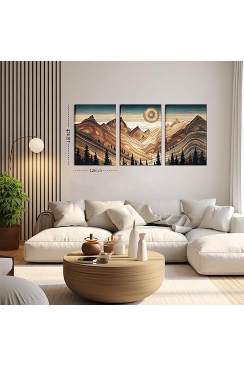 AKWISH Abstract Sun Mountain Canvas Wall Art Set of 3 - Nature Woodcut Style Poster Prints, Forest Wilderness Landscape Wall Decor for Living Room, Bedroom, Dining Room - Framed 12x16 In - Image 4