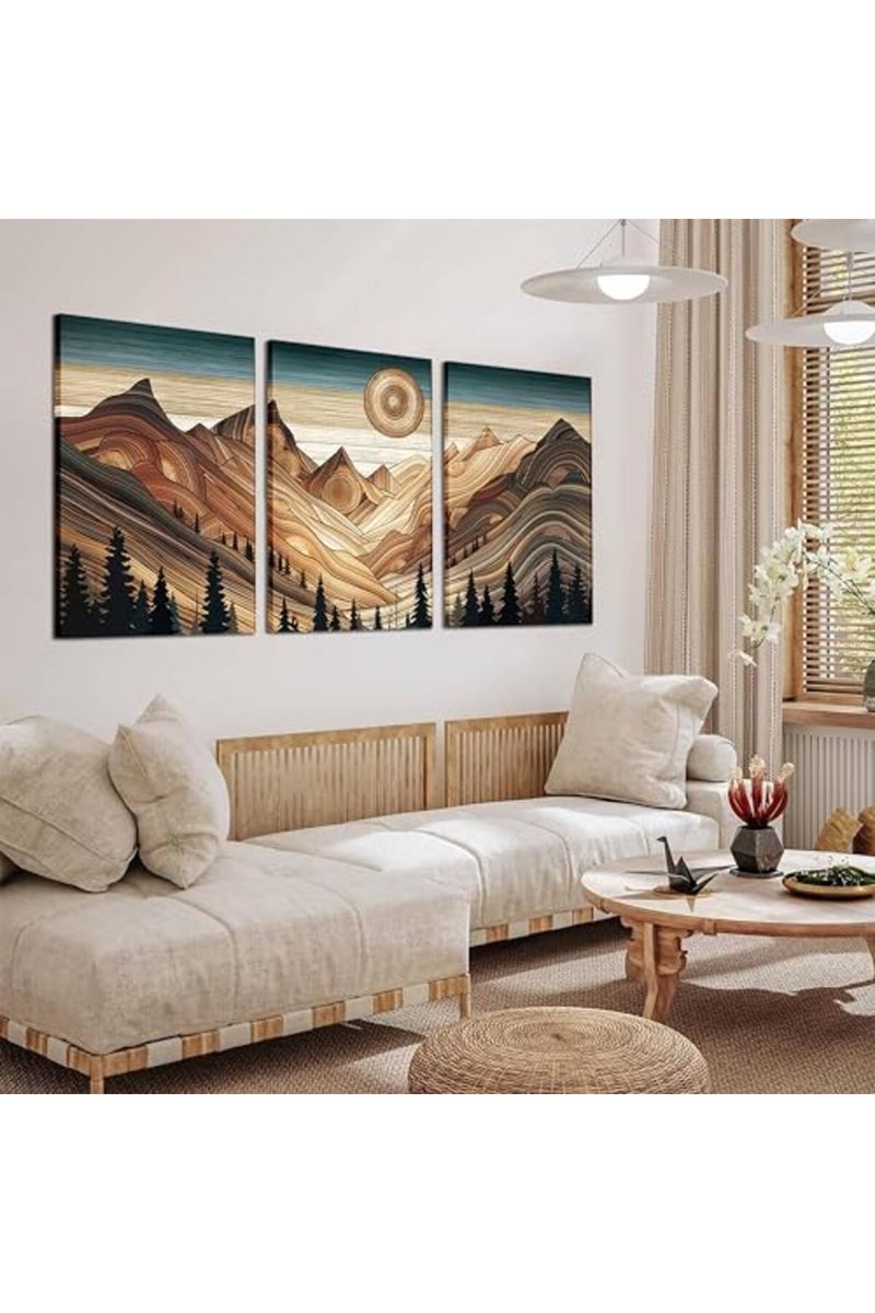 AKWISH Abstract Sun Mountain Canvas Wall Art Set of 3 - Nature Woodcut Style Poster Prints, Forest Wilderness Landscape Wall Decor for Living Room, Bedroom, Dining Room - Framed 12x16 In - Image 5