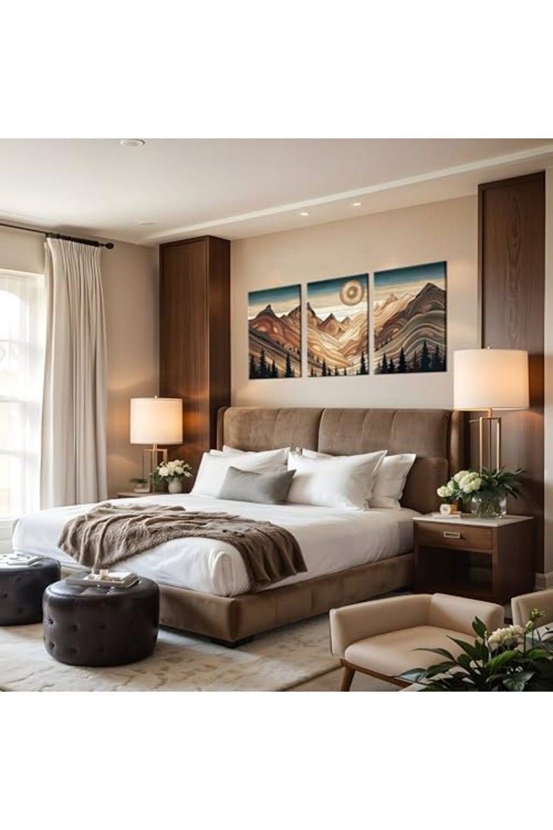AKWISH Abstract Sun Mountain Canvas Wall Art Set of 3 - Nature Woodcut Style Poster Prints, Forest Wilderness Landscape Wall Decor for Living Room, Bedroom, Dining Room - Framed 12x16 In - Image 3