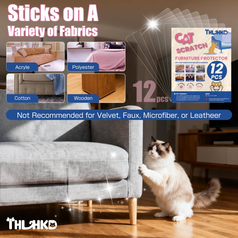 THLHKD 12PCS Cat Scratch Furniture Protector, Single Sided Couch Protectors Tape from Cats Claws Scratching, Transparent Sticky Sheets Proof Clawing Sofa Corner Protection Cover Anti Scratch for Furniture - Image 2
