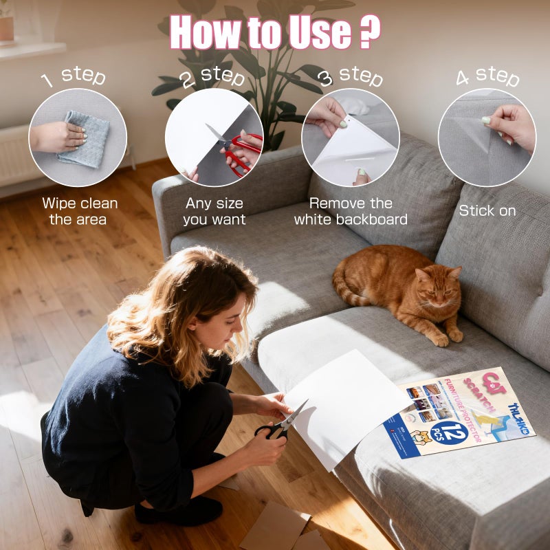 THLHKD 12PCS Cat Scratch Furniture Protector, Single Sided Couch Protectors Tape from Cats Claws Scratching, Transparent Sticky Sheets Proof Clawing Sofa Corner Protection Cover Anti Scratch for Furniture - Image 5