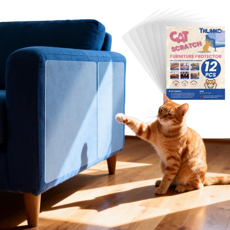 THLHKD 12PCS Cat Scratch Furniture Protector, Single Sided Couch Protectors Tape from Cats Claws Scratching, Transparent Sticky Sheets Proof Clawing Sofa Corner Protection Cover Anti Scratch for Furniture - Image 1