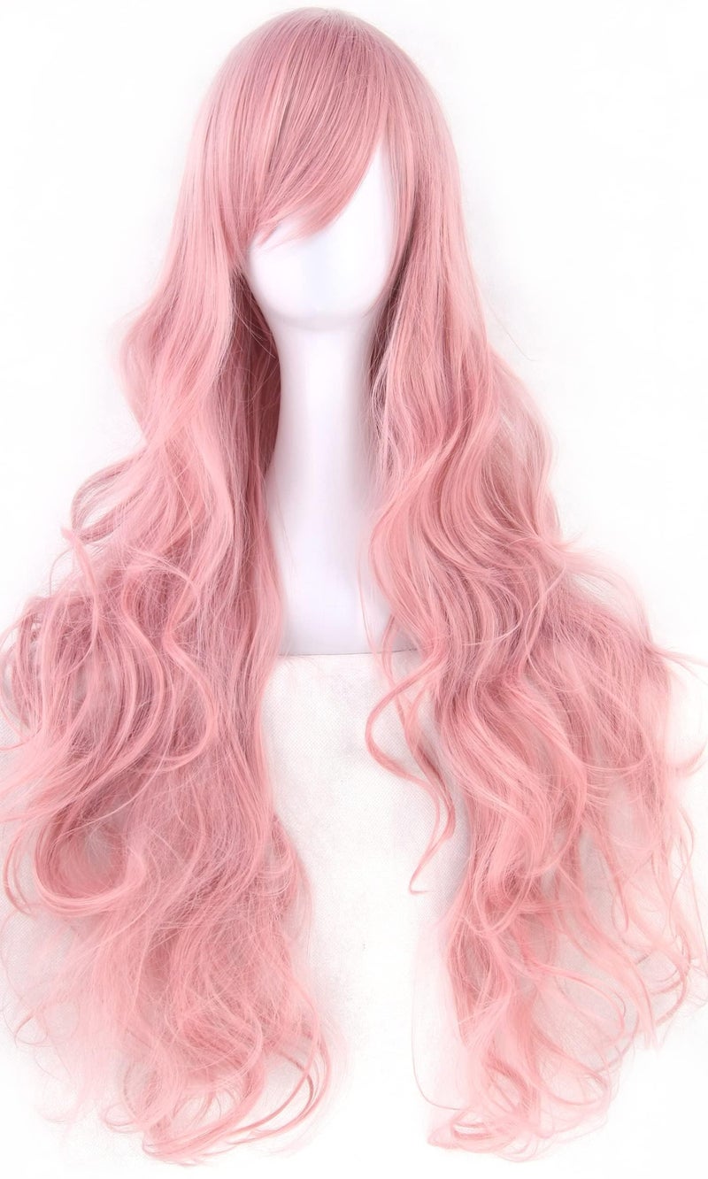 IMISSU 80cm Long Curly Natural Hair Cosplay Wig with Bangs Colorful Halloween Costume Party Wigs for Women (Pink) - Image 2