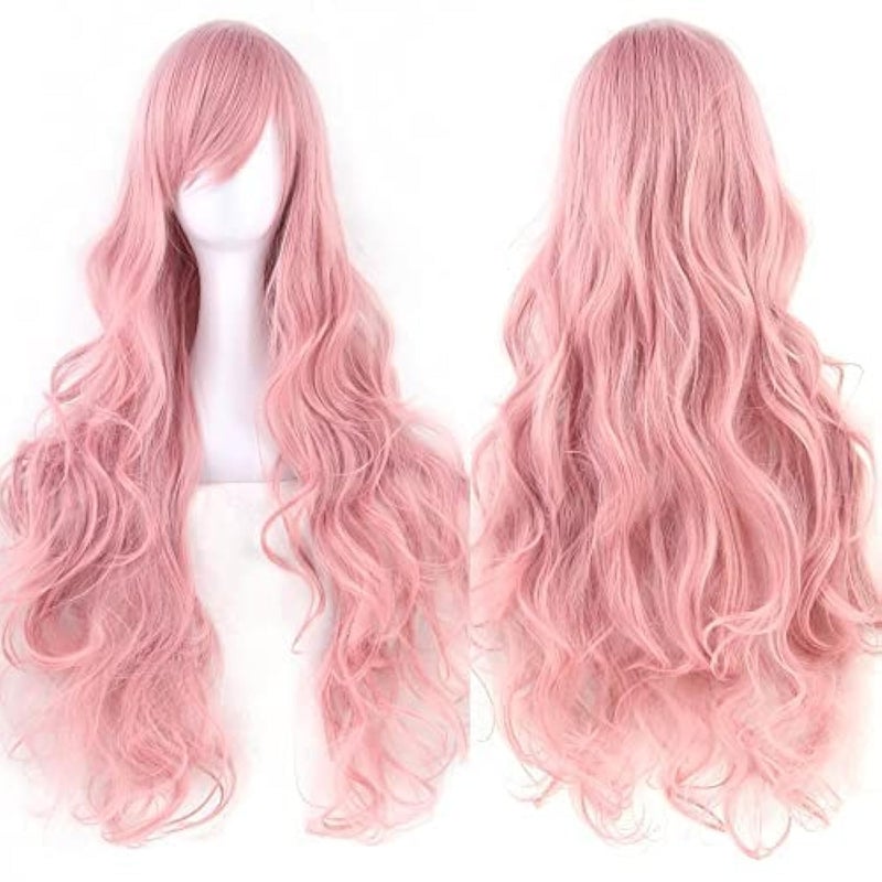 IMISSU 80cm Long Curly Natural Hair Cosplay Wig with Bangs Colorful Halloween Costume Party Wigs for Women (Pink) - Image 1