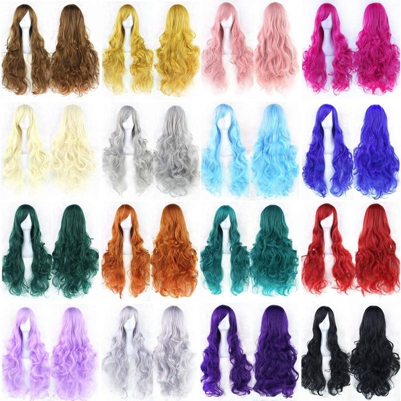 IMISSU 80cm Long Curly Natural Hair Cosplay Wig with Bangs Colorful Halloween Costume Party Wigs for Women (Pink) - Image 3
