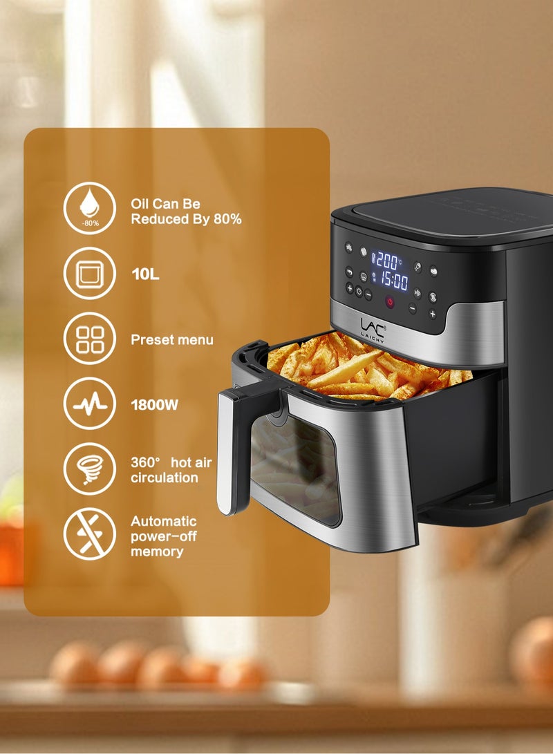 LAC 10L Large Size AirFryer 360° Turbo Airflow Tech One touch Panel, and 10 Presets Family Size Countertop Nonstick Air Fryers Elegant Stainless Steel Design - Image 3