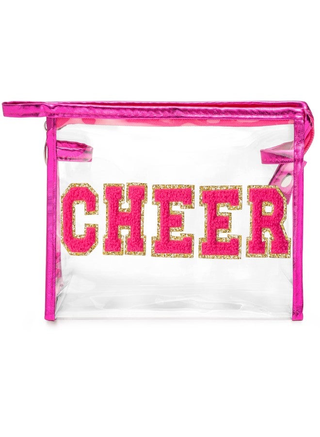 حقيبة مكياج شفافة من Y1tvei CHEER - حقيبة مستحضرات تجميل كبيرة جدًا من مادة PVC شفافة، مزينة برقعة من الشنيل باللون الأحمر الوردي، حقيبة حمل أدوات تجميل محمولة ومقاومة للماء، منظم سفر، هدية مثالية لمشجعات الفرق الرياضية - Image 1