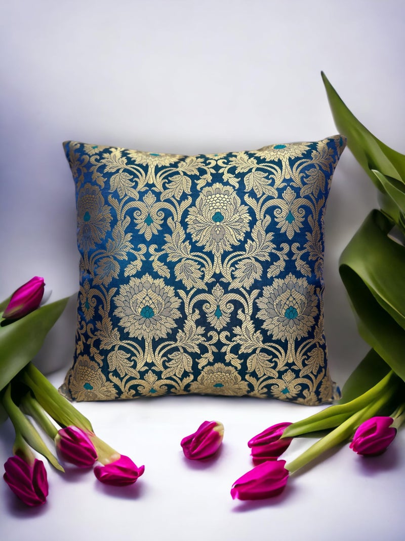 House Of Silko Royal Banarasi Brocade Teal Blue Cushion Cover 16x16 Set of 2 - Image 1