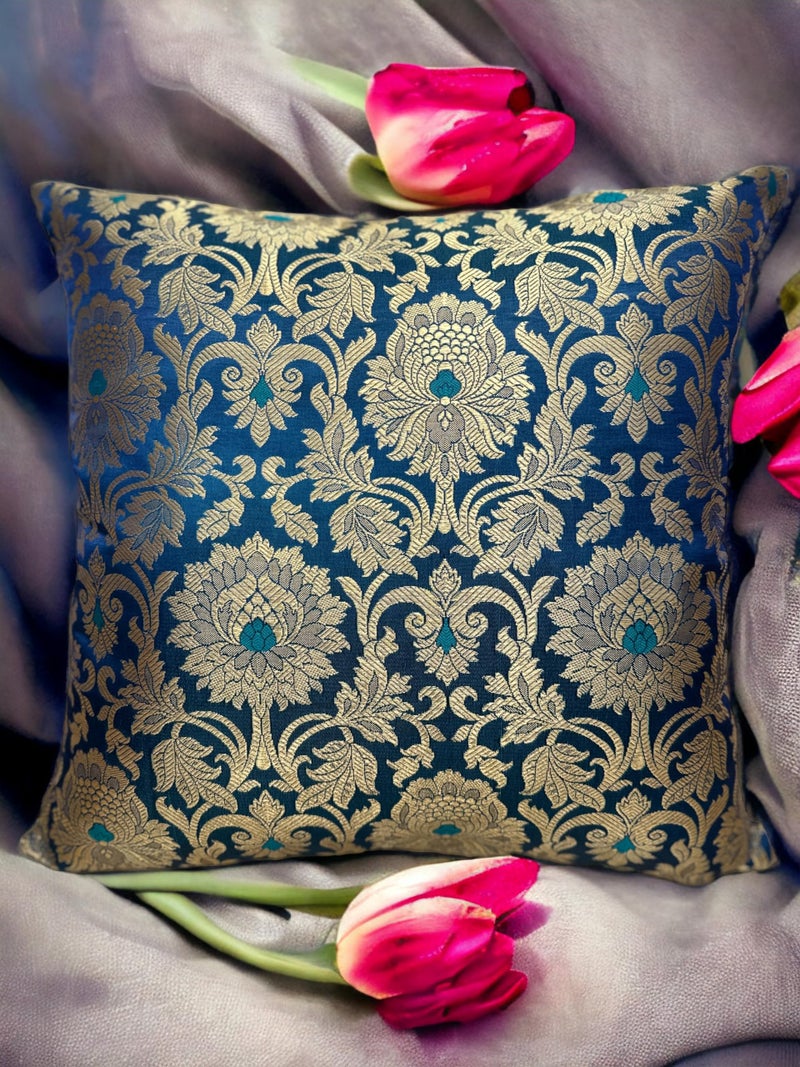 House Of Silko Royal Banarasi Brocade Teal Blue Cushion Cover 16x16 Set of 2 - Image 4