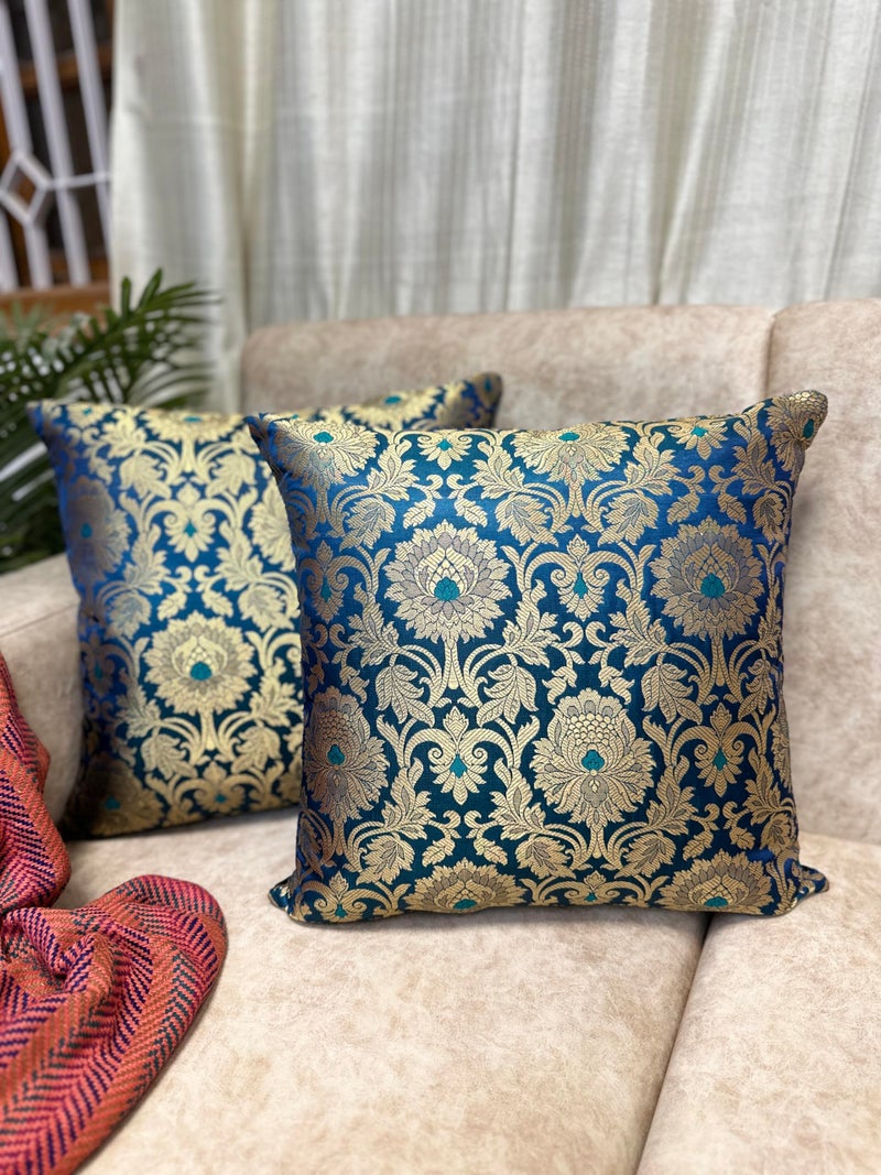 House Of Silko Royal Banarasi Brocade Teal Blue Cushion Cover 16x16 Set of 2 - Image 2