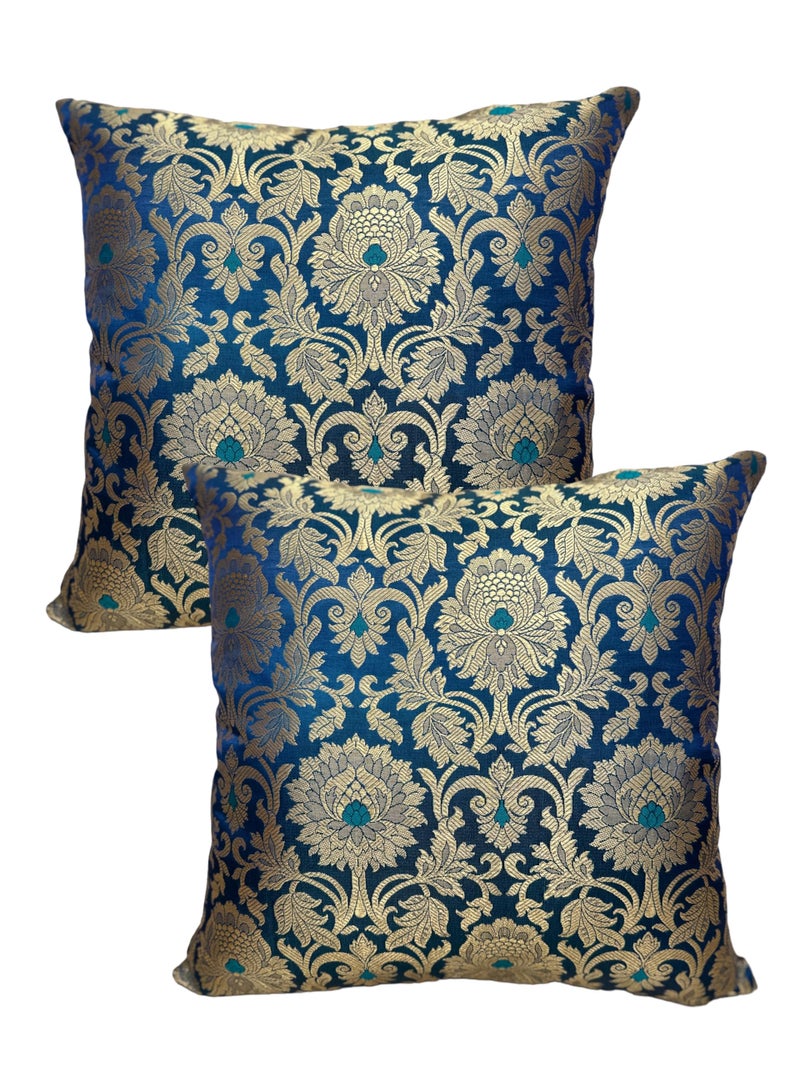House Of Silko Royal Banarasi Brocade Teal Blue Cushion Cover 16x16 Set of 2 - Image 3