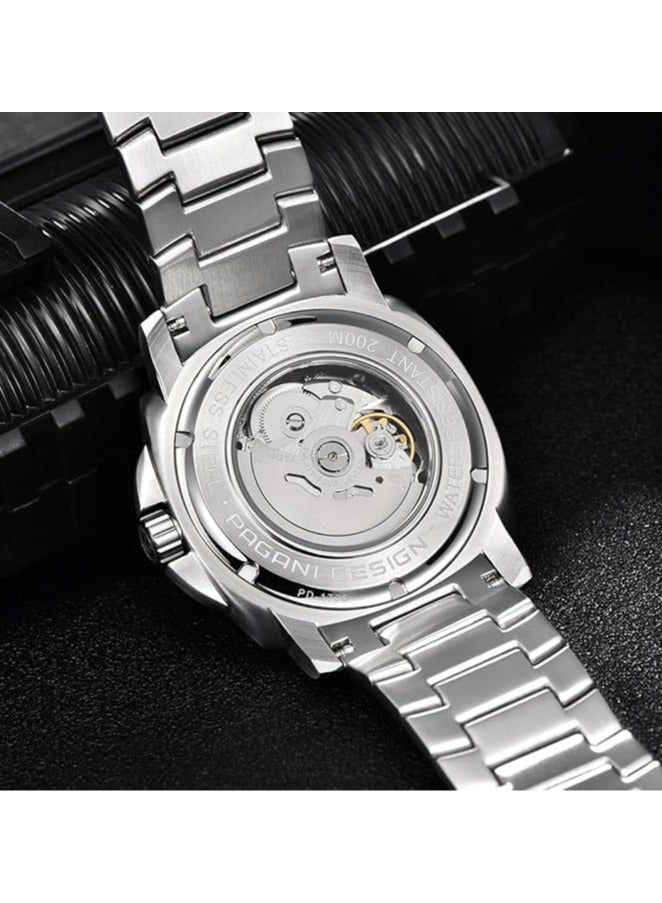 PAGANI DESIGN Men’s Automatic Watch, Japan NH39 Mechanical Skeleton, 200M Waterproof Wrist Watch, Fashion Business WristWatch，PD-1736 Steel Band Silver Blue - Image 5