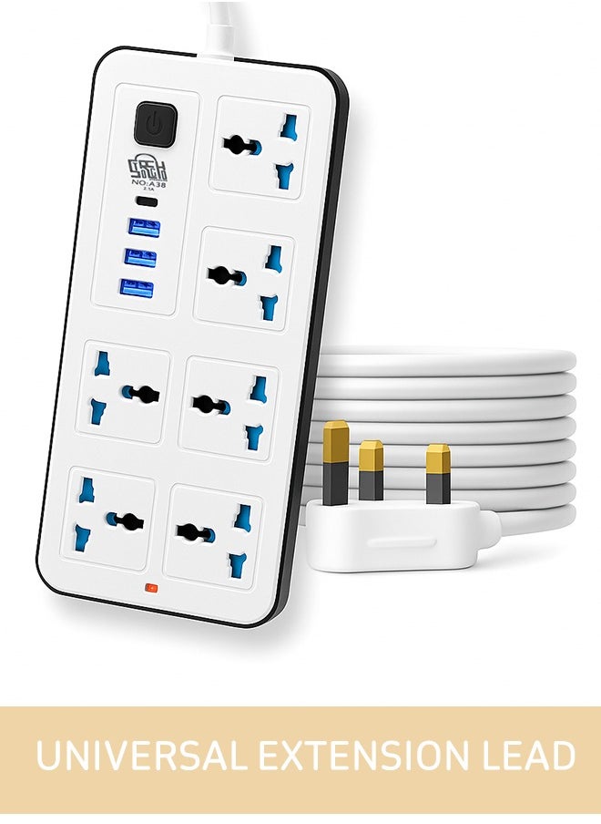 Storecho STORECHO 10-in-1 Universal Extension Lead, 6 Gang UK Plug Power Strip with 3 USB Ports, 1 Type-C, Surge & Overload Protection, 2400W, Child-Safe Shutter, 1.8M Cable – Home, Office, Kitchen  - Image 1