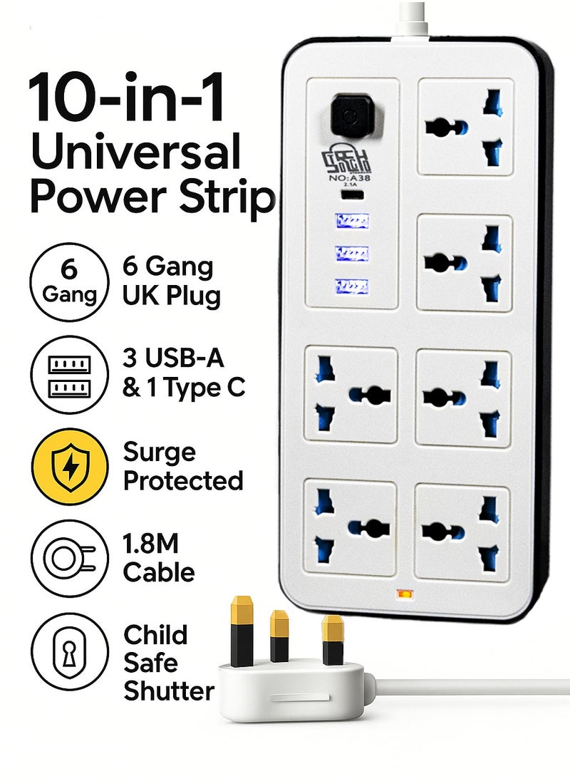 Storecho STORECHO 10-in-1 Universal Extension Lead, 6 Gang UK Plug Power Strip with 3 USB Ports, 1 Type-C, Surge & Overload Protection, 2400W, Child-Safe Shutter, 1.8M Cable – Home, Office, Kitchen  - Image 2