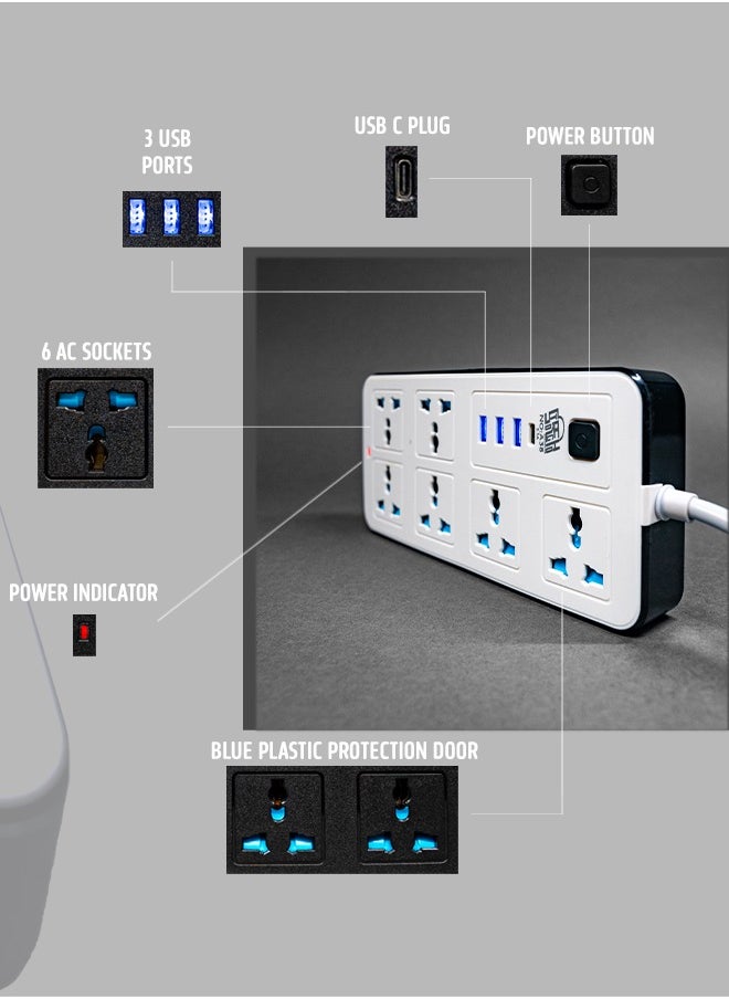 Storecho STORECHO 10-in-1 Universal Extension Lead, 6 Gang UK Plug Power Strip with 3 USB Ports, 1 Type-C, Surge & Overload Protection, 2400W, Child-Safe Shutter, 1.8M Cable – Home, Office, Kitchen  - Image 5